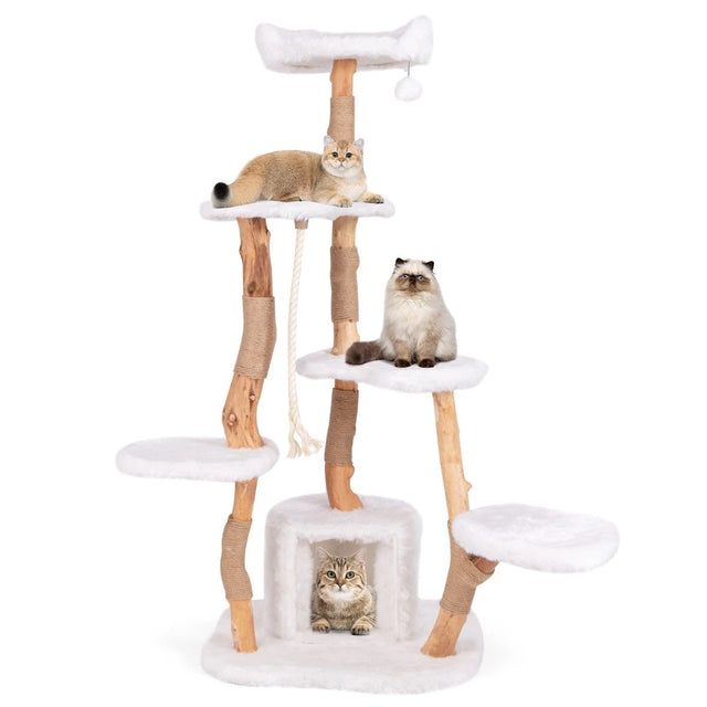 66 Inch Tall Solid Wood Cat Tree Modern Wooden Cat Tower with Perch-White