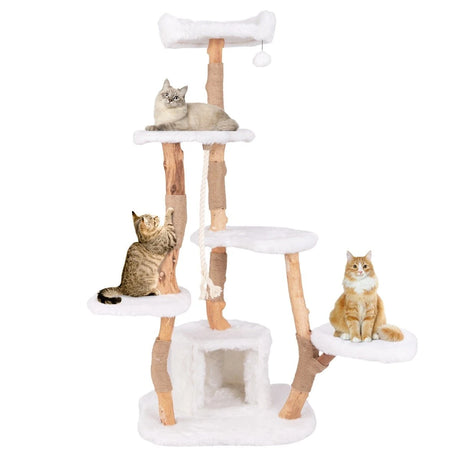 66 Inch Tall Solid Wood Cat Tree Modern Wooden Cat Tower with Perch-White