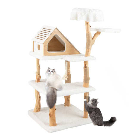 150cm Tall Solid Wood Cat Tree with 2 Perches and Condo-White