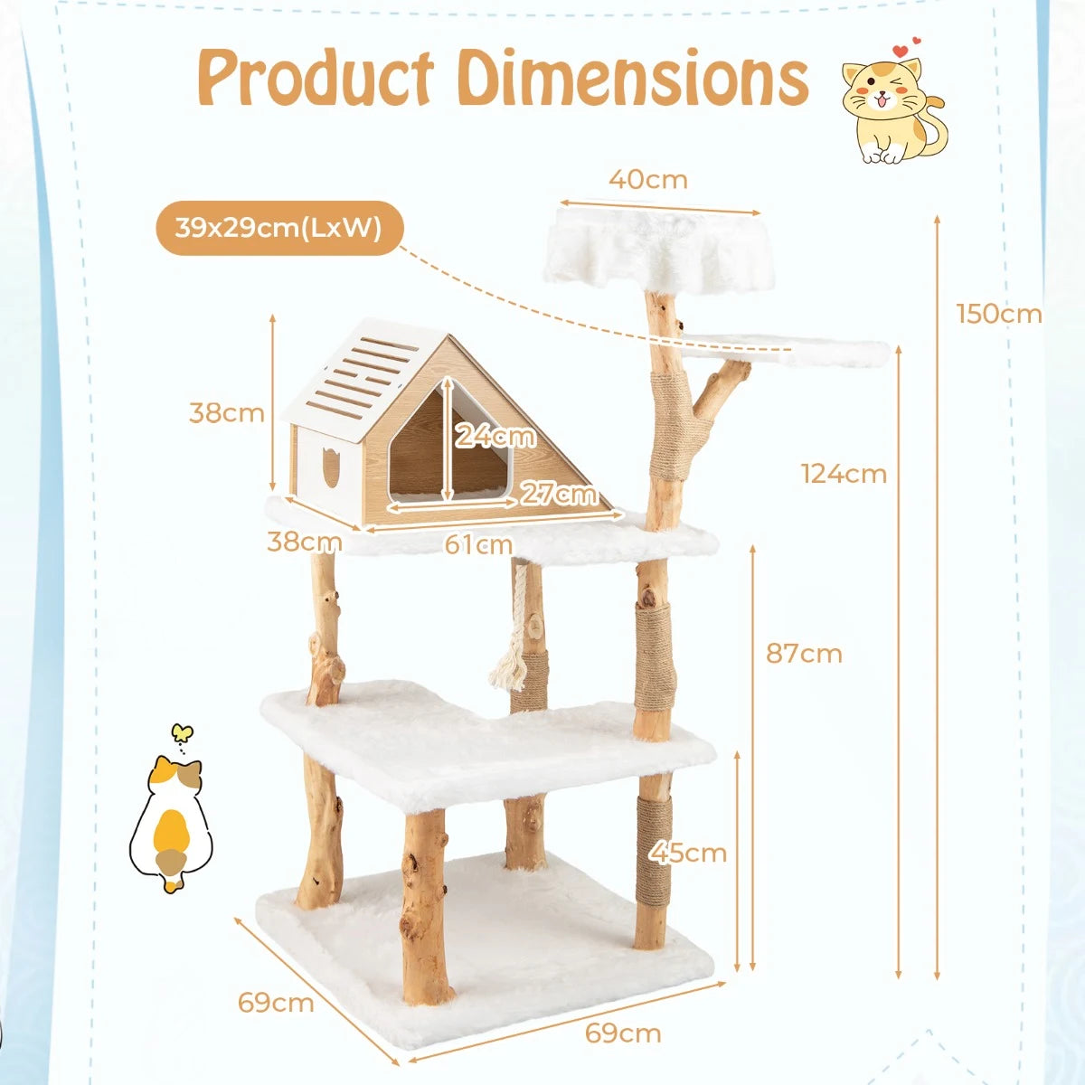 150cm Tall Solid Wood Cat Tree with 2 Perches and Condo-White