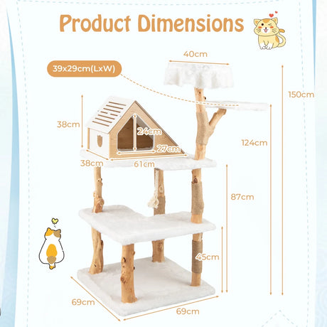 150cm Tall Solid Wood Cat Tree with 2 Perches and Condo-White