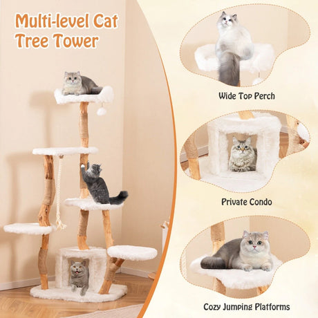 66 Inch Tall Solid Wood Cat Tree Modern Wooden Cat Tower with Perch-White