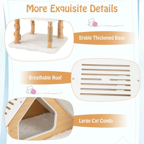 150cm Tall Solid Wood Cat Tree with 2 Perches and Condo-White