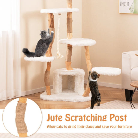 66 Inch Tall Solid Wood Cat Tree Modern Wooden Cat Tower with Perch-White