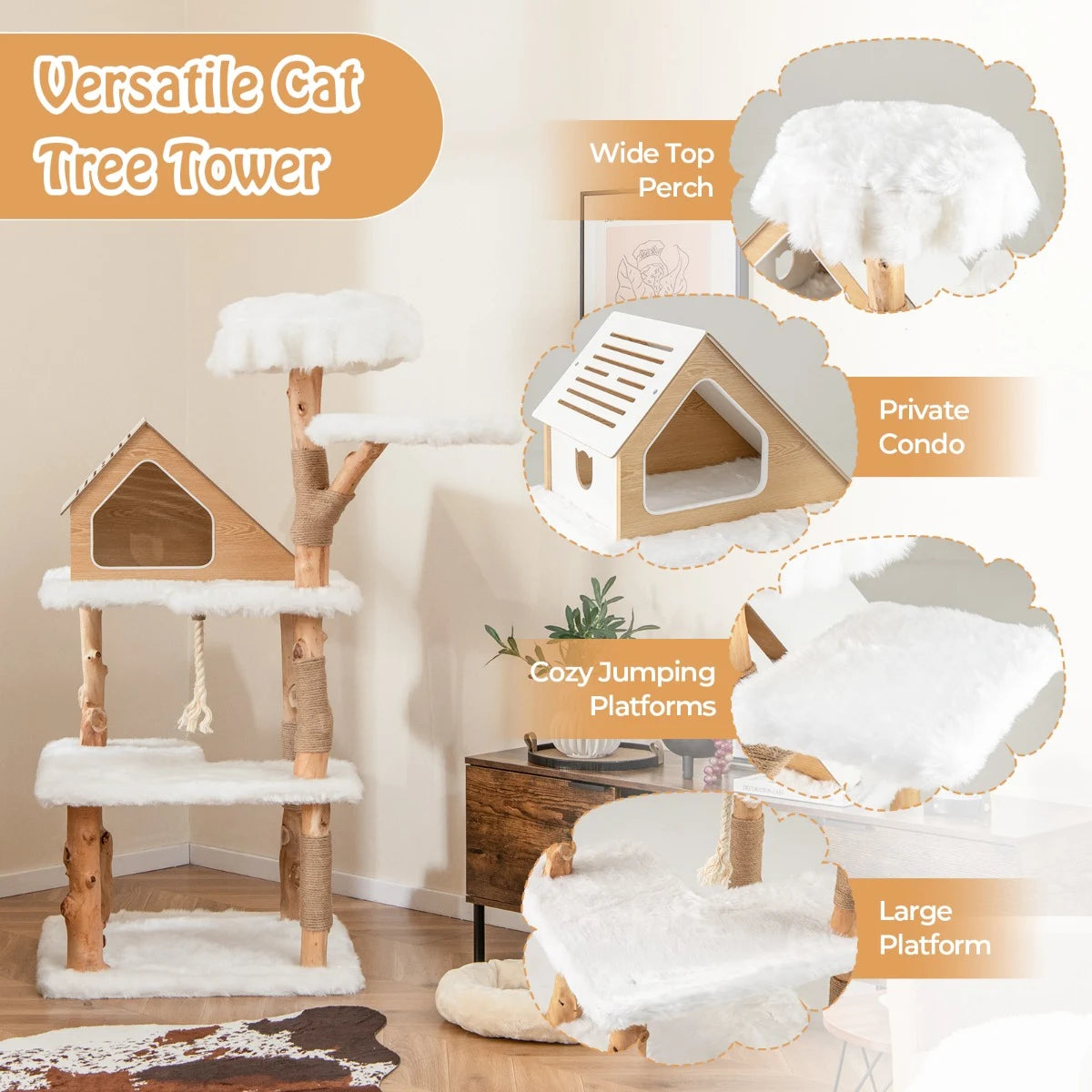 150cm Tall Solid Wood Cat Tree with 2 Perches and Condo-White