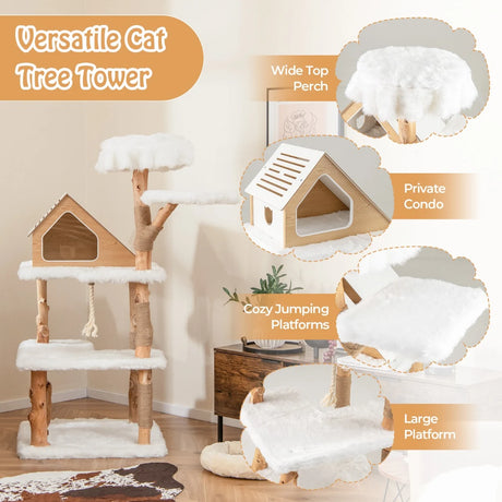 150cm Tall Solid Wood Cat Tree with 2 Perches and Condo-White