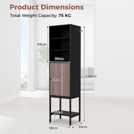 146cm Tall Storage Cabinet with Adjustable Shelfs and Bottom Storage-Black
