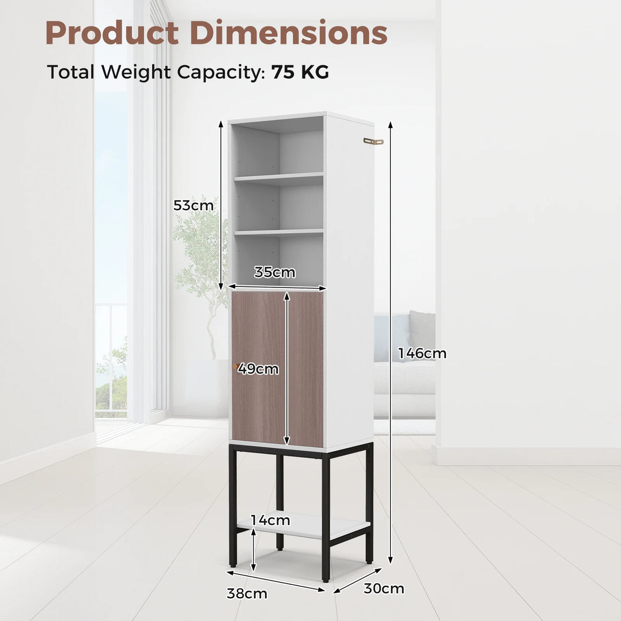 146cm Tall Storage Cabinet with Adjustable Shelfs and Bottom Storage-White