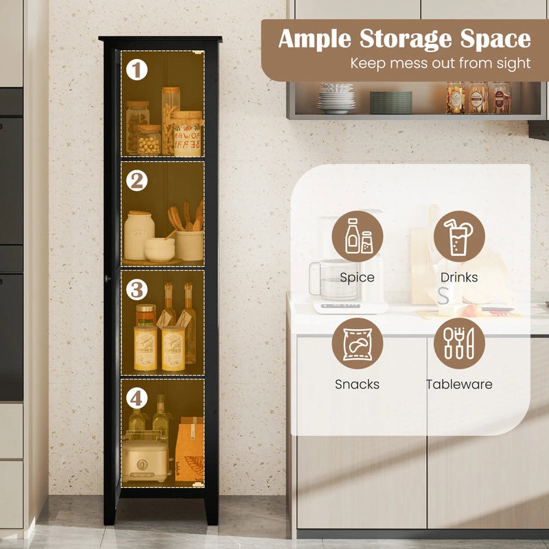 Tall Storage Cabinet with Four Shelves and Single Door-Black
