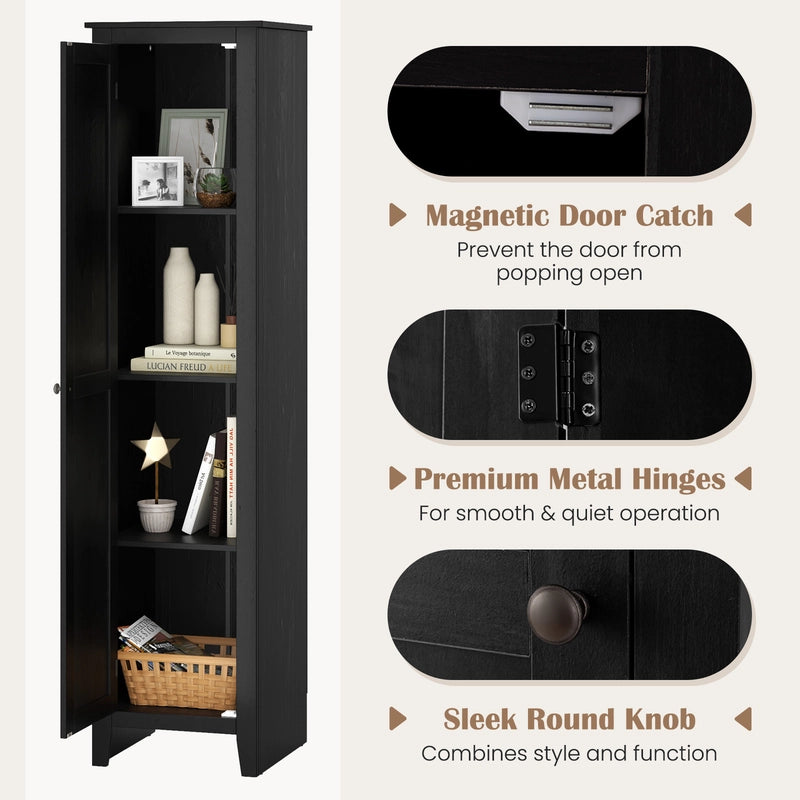 Tall Storage Cabinet with Four Shelves and Single Door-Black