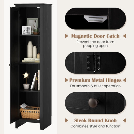 Tall Storage Cabinet with Four Shelves and Single Door-Black