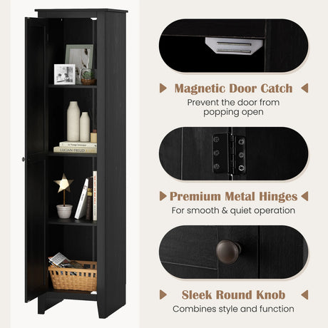 Tall Storage Cabinet with Four Shelves and Single Door-Black