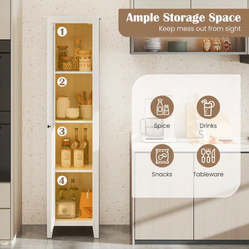 Tall Storage Cabinet with Four Shelves and Single Door-White