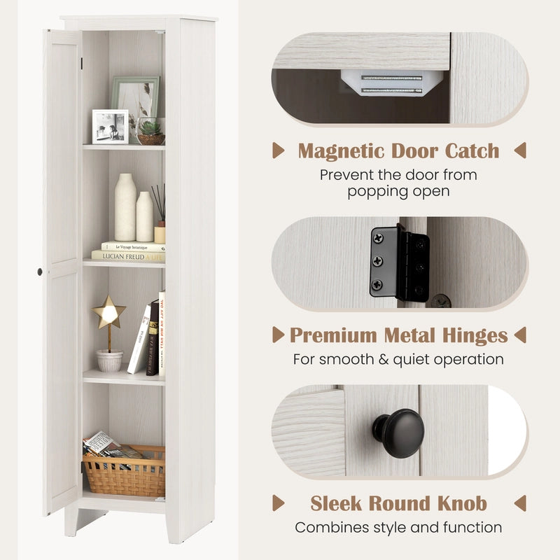 Tall Storage Cabinet with Four Shelves and Single Door-White