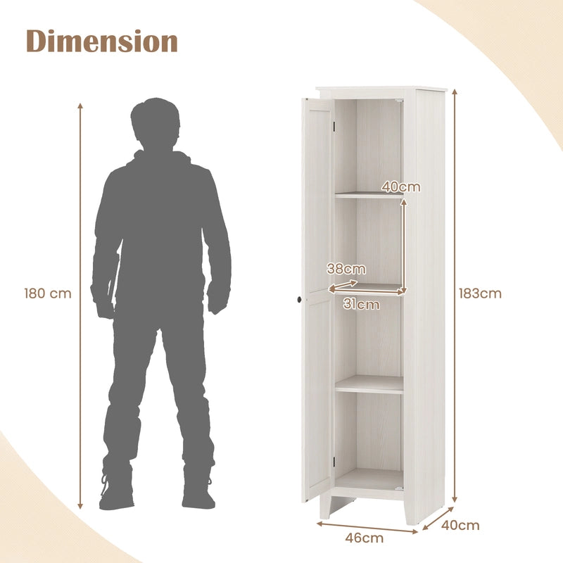 Tall Storage Cabinet with Four Shelves and Single Door-White