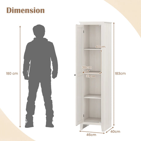 Tall Storage Cabinet with Four Shelves and Single Door-White