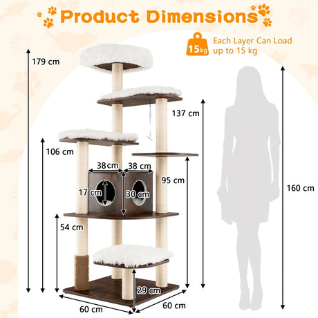 7-Layer Wooden Cat Tree Tall Cat Tower with Sisal Posts and Condo-Brown