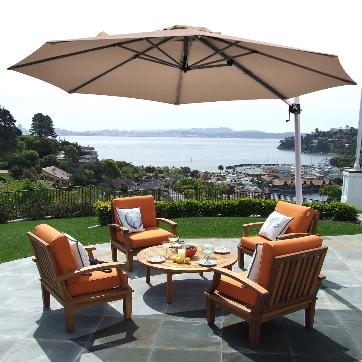 Round Cantilever Umbrella with Heavy-Duty Aluminum Pole for Garden-Brown
