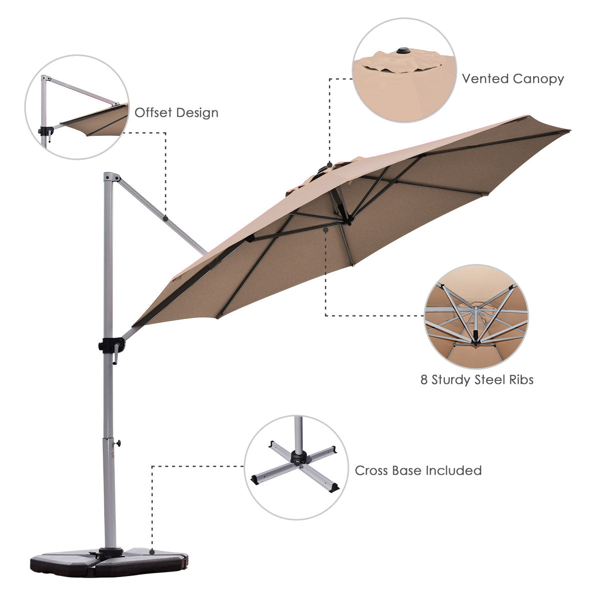 Round Cantilever Umbrella with Heavy-Duty Aluminum Pole for Garden-Brown