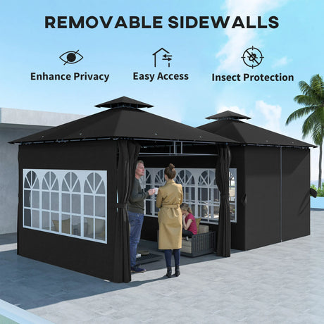 Outsunny 3 x 3 m Garden Gazebo, Double Roof Metal Gazebo with Removable Sidewalls and Church Windows, Outdoor Canopy Shelter, Black