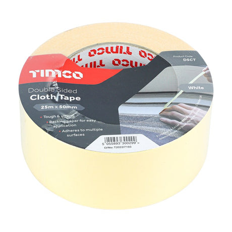 TIMCO Double Sided Cloth Tape White - 25m x 50mm