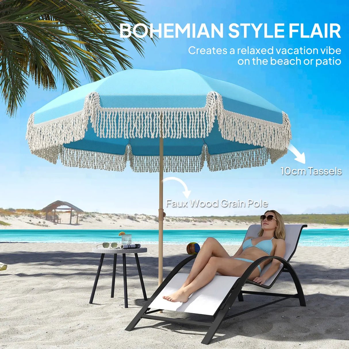 Outsunny 1.7 m Beach Umbrella with Sand Anchor, 30 Tilting Fringed Beach Garden Parasol with Adjustable Height, Grey