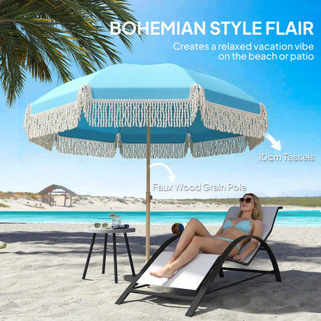 Outsunny 1.7 m Beach Umbrella with Sand Anchor, 30 Tilting Fringed Beach Garden Parasol with Adjustable Height, Grey