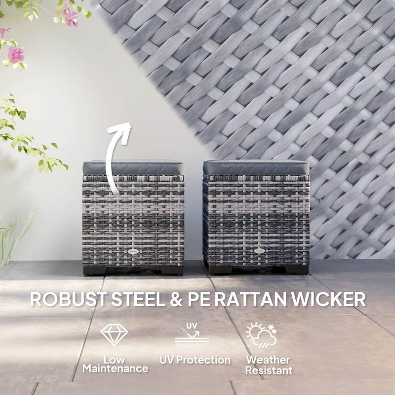 Outsunny Set of 2 Rattan Storage Ottoman, Outdoor Footstool with Removable Cushions, Garden Storage Seat for Balcony, Poolside, Living Room, Dark Grey