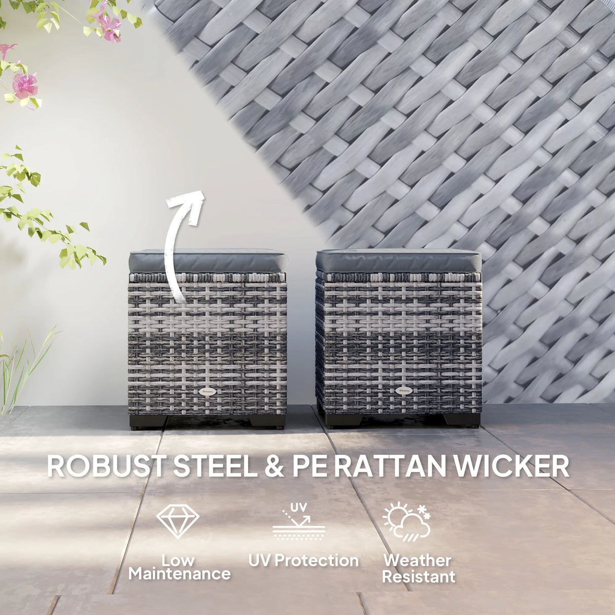 Outsunny Set of 2 Rattan Storage Ottoman, Outdoor Footstool with Removable Cushions, Garden Storage Seat for Balcony, Porch, Living Room, Dark Grey