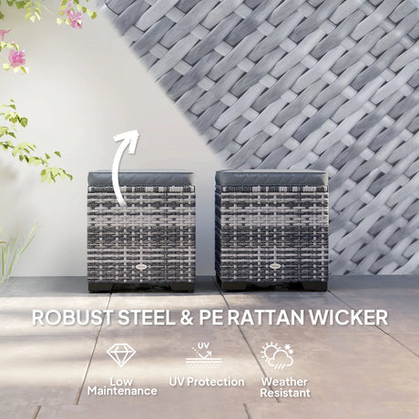 Outsunny Set of 2 Rattan Storage Ottoman, Outdoor Footstool with Removable Cushions, Garden Storage Seat for Balcony, Porch, Living Room, Dark Grey