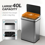 HOMCOM 40L Sensor Bin with Quiet Soft-Close Lid, Automatic Touchless Motion Sensor Kitchen Bin with Fingerprint Resistant Stainless Steel for Hygienic Gyms, Home Office Use, Silver Tone