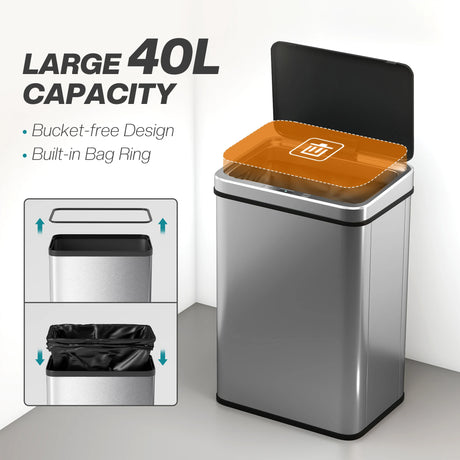 HOMCOM 40L Sensor Bin with Quiet Soft-Close Lid, Automatic Touchless Motion Sensor Kitchen Bin with Fingerprint Resistant Stainless Steel for Hygienic Gyms, Home Office Use, Silver Tone