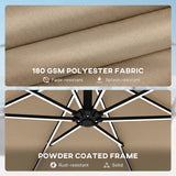 Outsunny 3 m Garden Cantilever Parasol with LED Solar Light, Round Overhanging Umbrella with 360 Rotation, Cover, Khaki