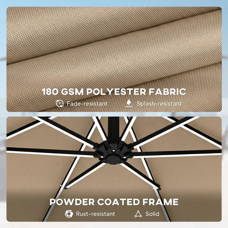 Outsunny 3 m Garden Cantilever Parasol with LED Solar Light, Round Overhanging Umbrella with 360 Rotation, Cover, Khaki