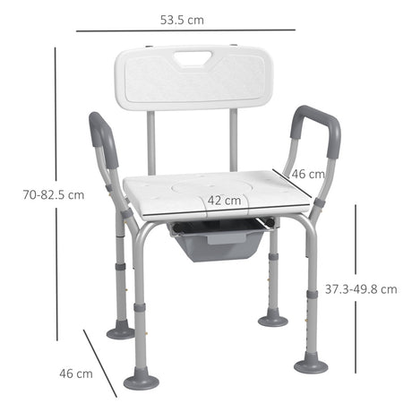 HOMCOM Height Adjustable Shower Stool with Arms and Back, Non-Slip Bedside Commode with Detachable Bucket for Elderly, White