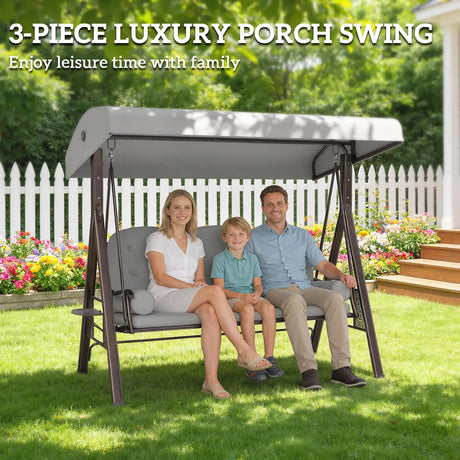 Outsunny 3 Seater Canopy Swing Chair, Outdoor Garden Swing Seat with Adjustable Canopy, Cushions and Cup Trays, Steel Frame, Light Grey