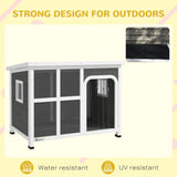 PawHut Wooden Outdoor Dog House with Asphalt Openable Top, Removable Floor, Clear Front Panel, Curtain, Light Grey