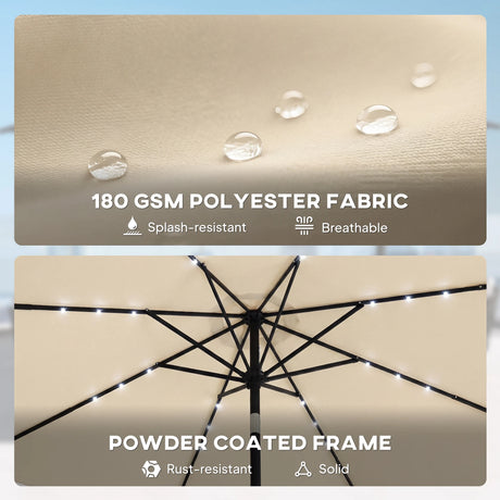 Outsunny 2.6 m Garden Parasol Umbrella with LED Solar Light, Parasol Cover, Outdoor Market Patio Umbrella, Beige