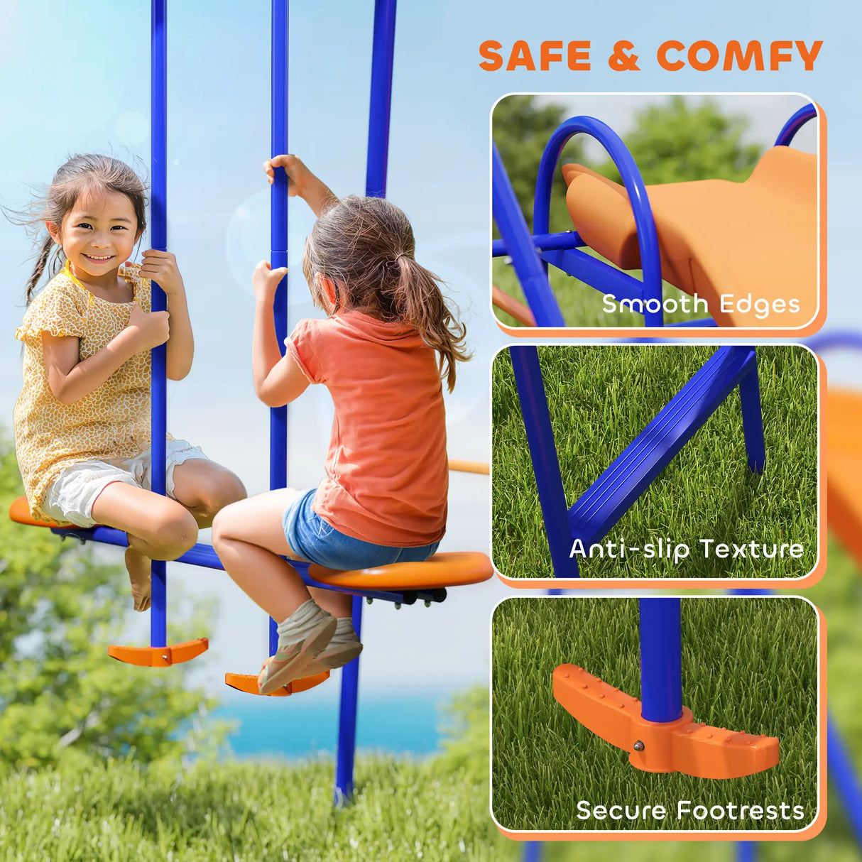 Outsunny Four-In-One Metal Garden Swing Set, with Double Swings, Glider, Slider, Ladder - Orange and Blue