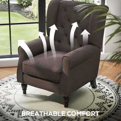 HOMCOM Wingback Accent Chair, Retro Upholstered Button Tufted Occasional Chair for Living Room and Bedroom, Brown