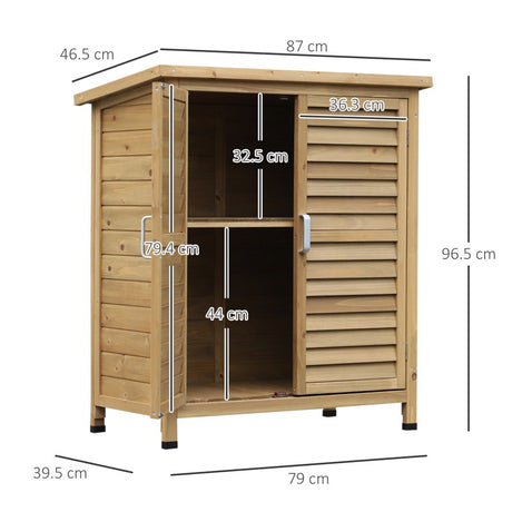 Outsunny Garden Shed Wooden Garden Storage Shed 2 Door Unit Solid Fir Wood Garage Tool Organisation Cabinet, 87L x 46.5W x 96.5Hcm, Natural