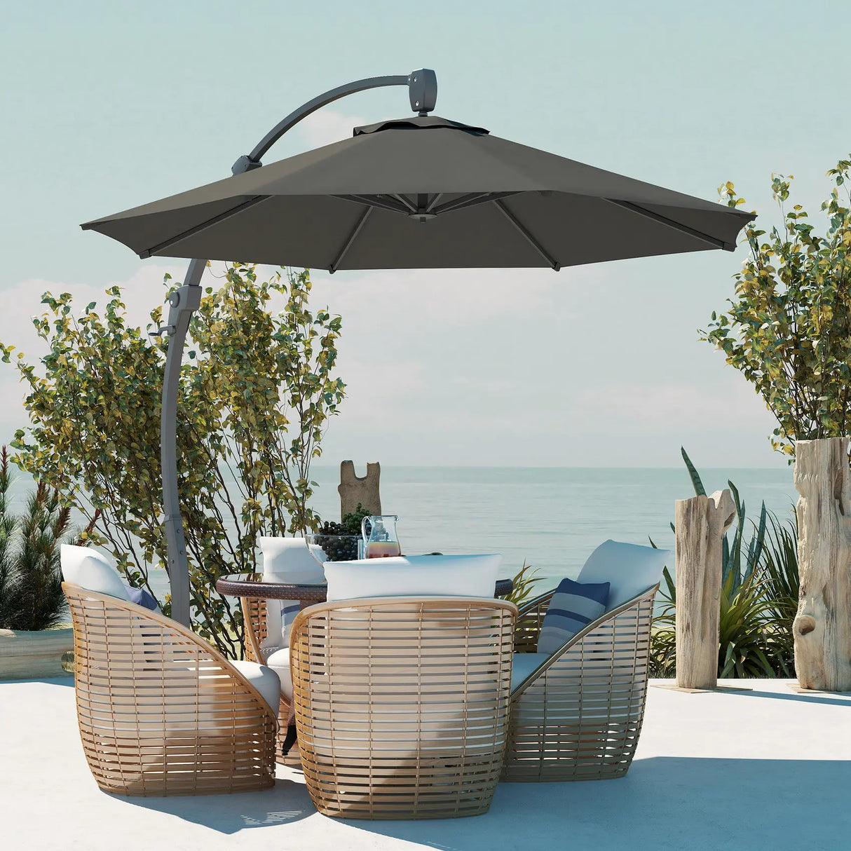 Outsunny 3(m) Garden Cantilever Parasol, Round Overhanging Umbrella with Crank Handle, Cross Base, Aluminium Frame and 360 Rotation, Banana Patio Umbrella for Outdoor Sun Shade, Grey