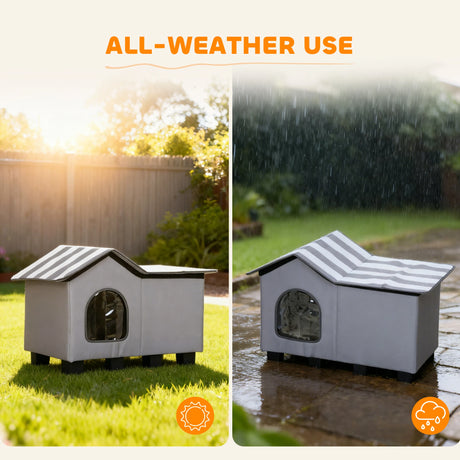 PawHut Outdoor Cat House, Weatherproof Feral Cat Cave with Elevated Base and Cushion for Winter, Grey
