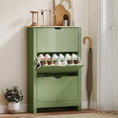 HOMCOM Slim Shoe Cabinet, Narrow Shoe Cupboard with 3 Flip Drawers, Adjustable Shelves for 18 Pairs of Shoes, High Gloss Green