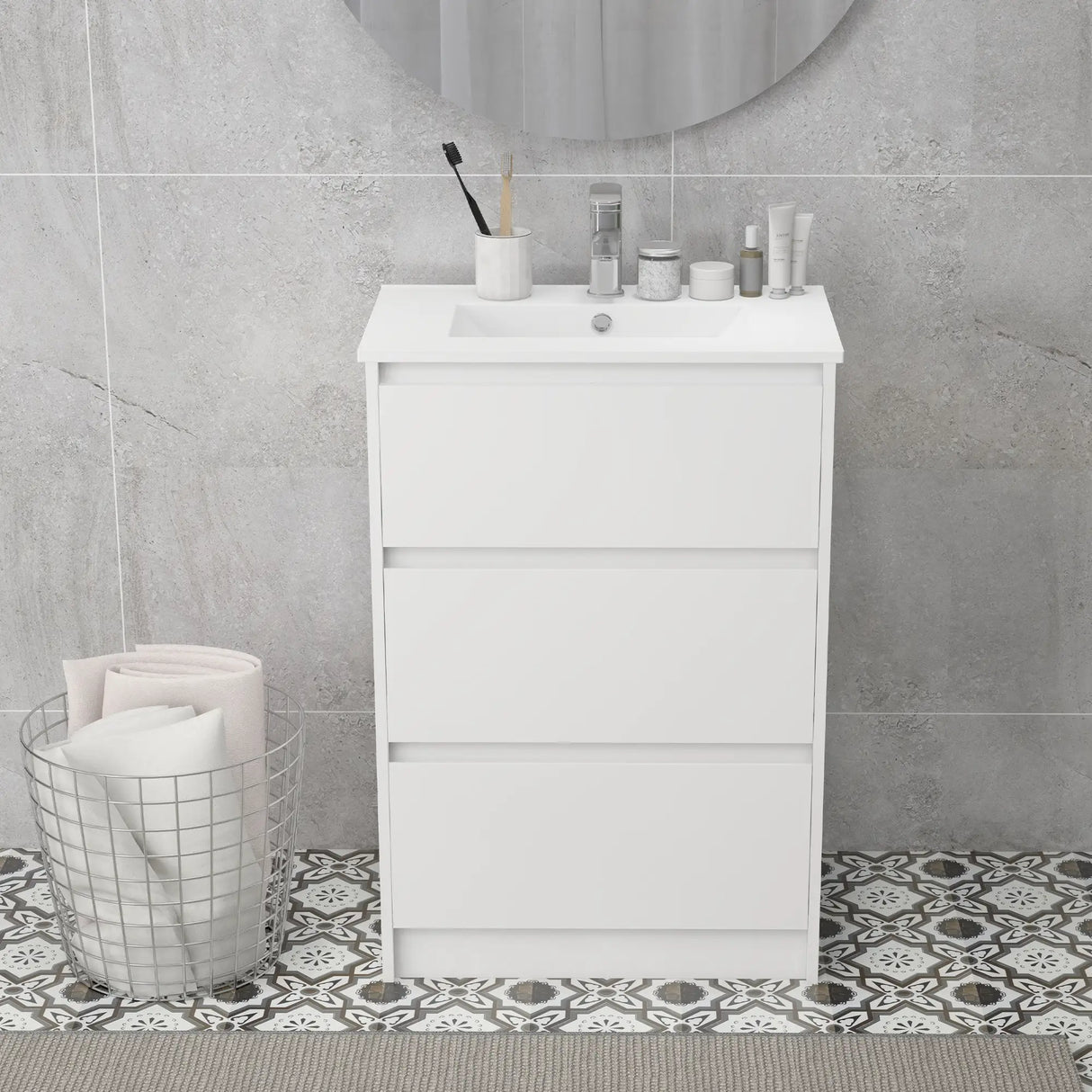 kleankin 600mm Bathroom Vanity Unit with Basin and Single Tap Hole, High Gloss White Floor Standing Bathroom Sink Unit with 2 Drawers for Cloakroom