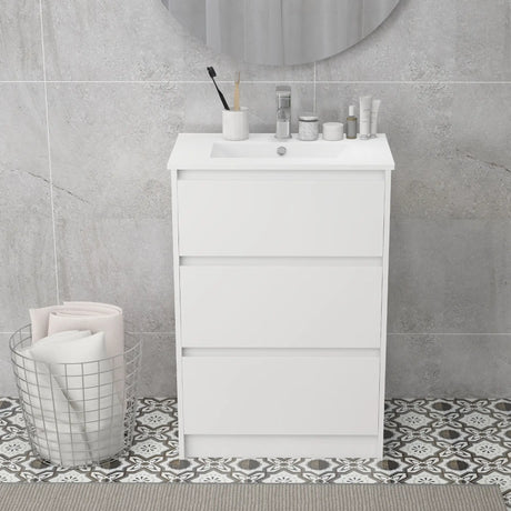 kleankin 600mm Bathroom Vanity Unit with Basin and Single Tap Hole, High Gloss White Floor Standing Bathroom Sink Unit with 2 Drawers for Cloakroom