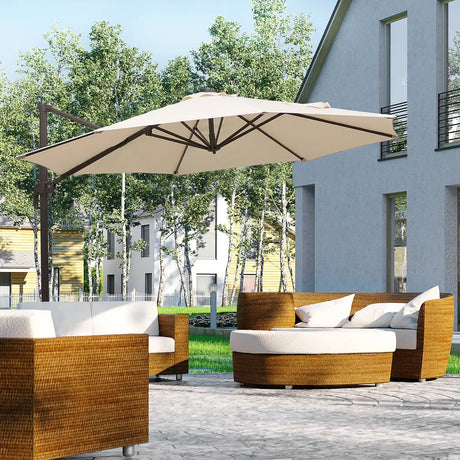 Outsunny 3M Banana Parasol Hanging Cantilever Umbrella W/ Cross Base Hand Crank Aluminium Frame 360Rotation Hand Crank-Beige
