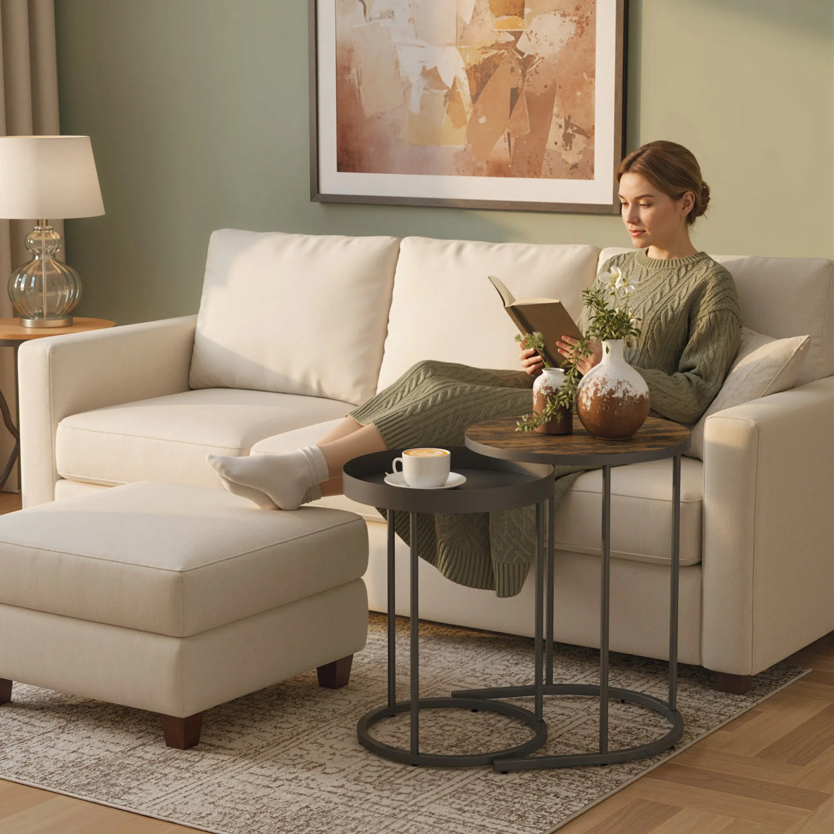 HOMCOM Round Nesting Side Table Set of 2 - Rustic Brown