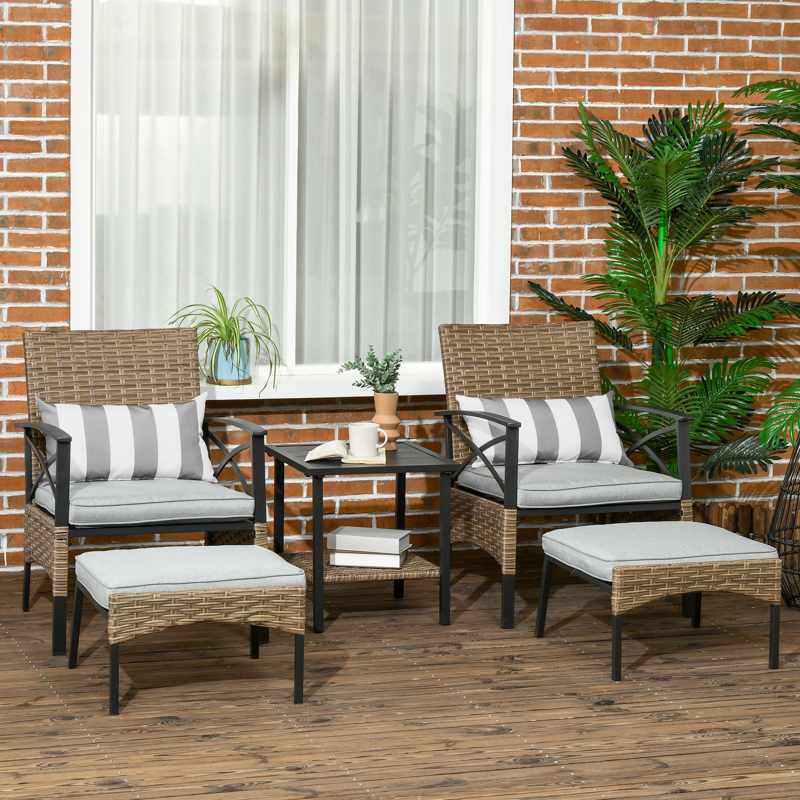 Outsunny 5 Piece PE Rattan Garden Furniture Set, 2 Armchairs,2 Stools, Steel Tabletop with Wicker Shelf, Padded Outdoor Seating, Grey