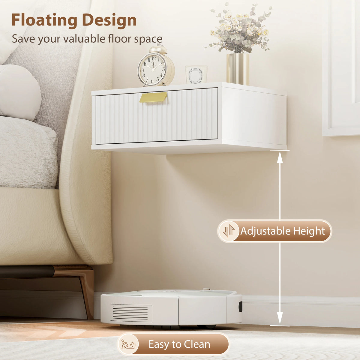 HOMCOM Modern Floating Nightstands Set of 2, Wall Mounted Bedside Tables with Wave Drawer White